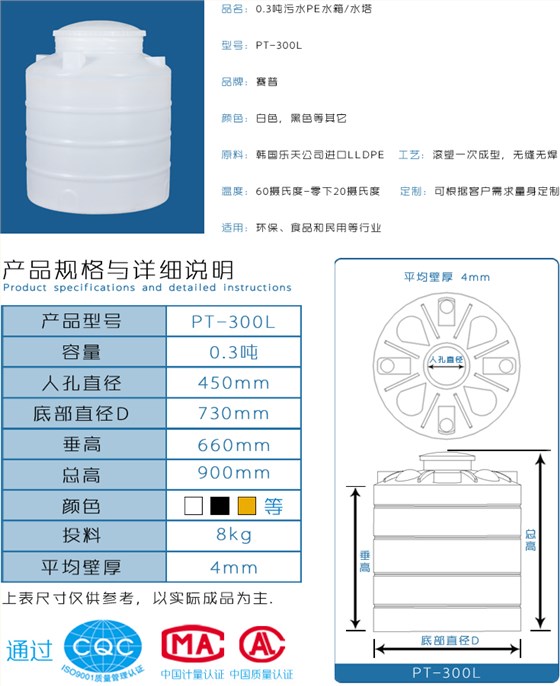 0.3噸污水PE水箱水塔詳情