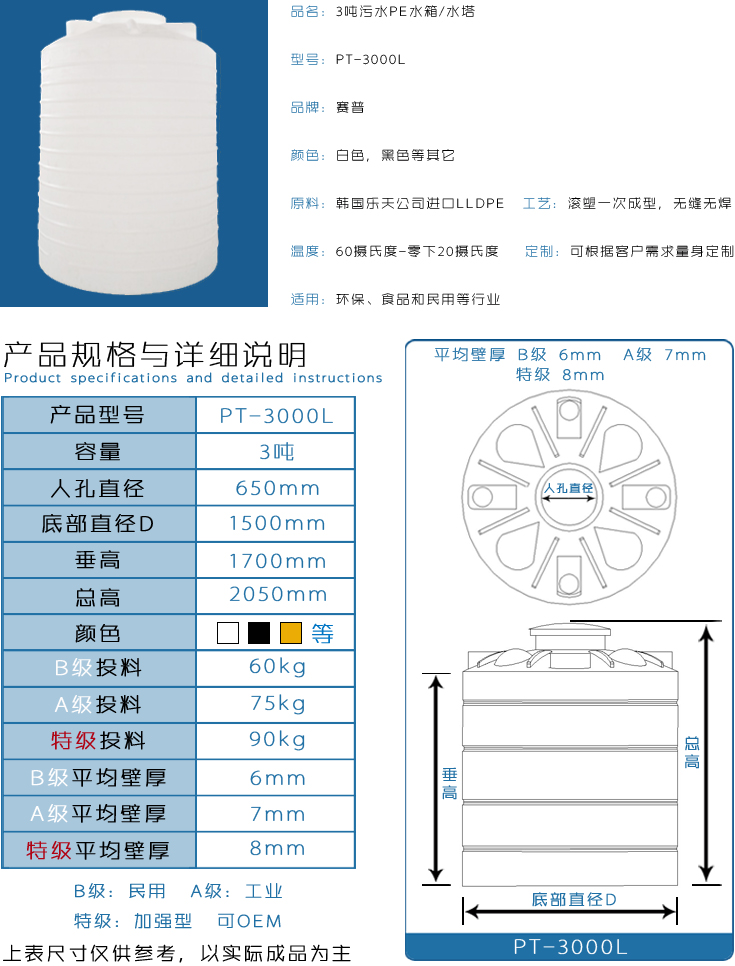 官網3噸污水PE水箱水塔詳情