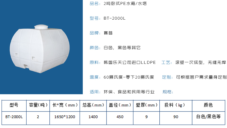 2噸臥式PE水箱水塔詳情