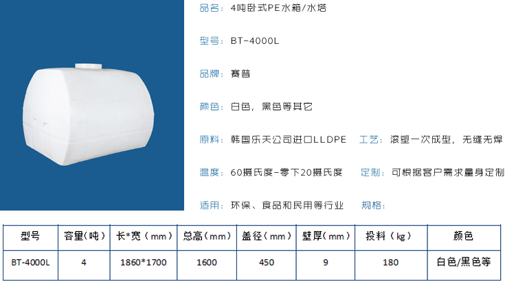 4噸臥式PE水箱水塔詳情
