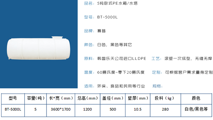 5噸臥式PE水箱水塔詳情