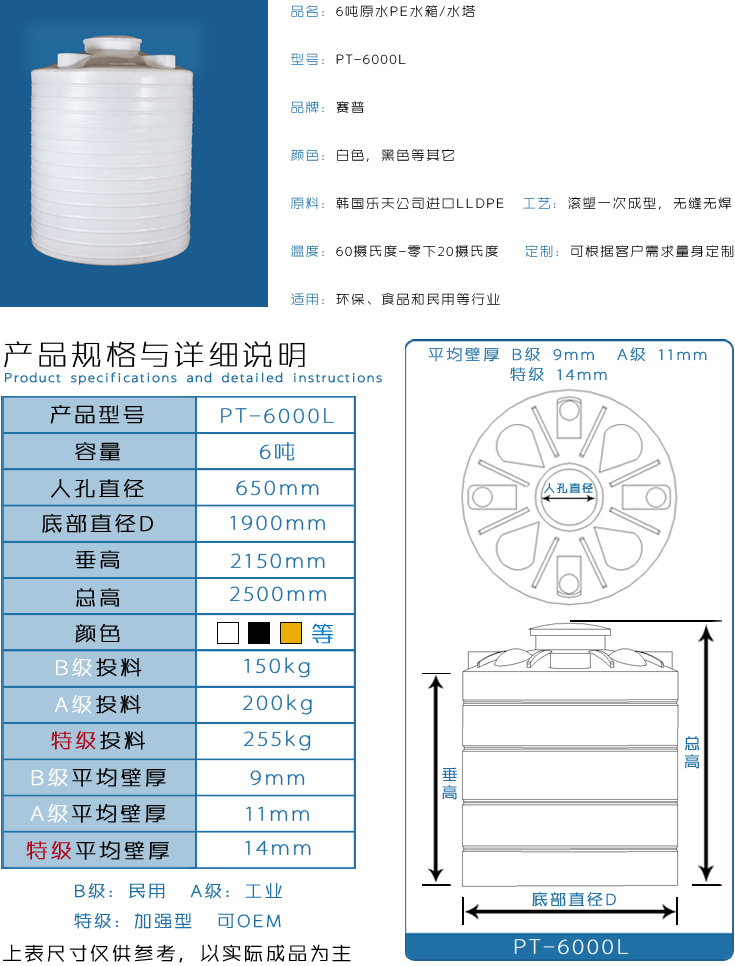 官網(wǎng)6噸原水PE水箱詳情